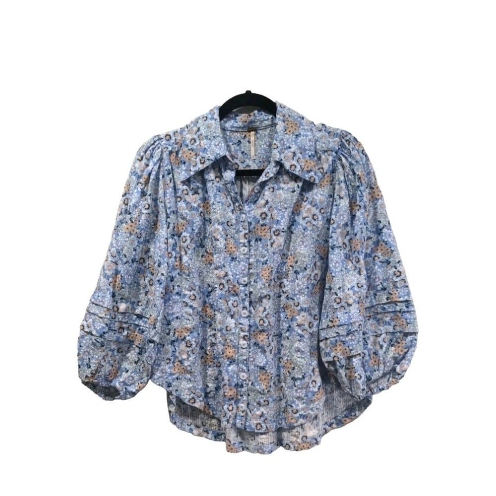 Free People Floral Button‎ Down Blouse Blue Puff Sleeve Pleated Boho Top